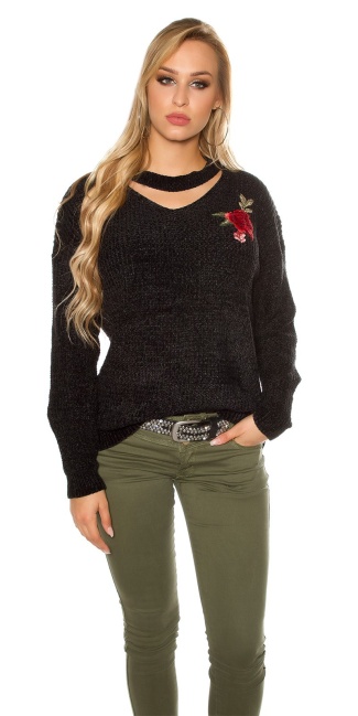 Trendy knit sweater with floral embroidery Black